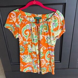 Ralph Lauren Vibrant Orange and Green Paisley Blouse